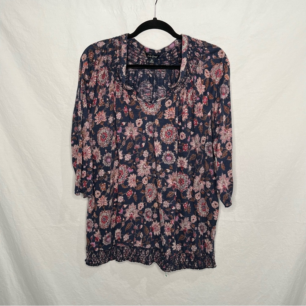 Lucky Brand Women's Blouse Top Blue Floral 3/4 Sleeve Sz 3x Vneck Smocking Shirt